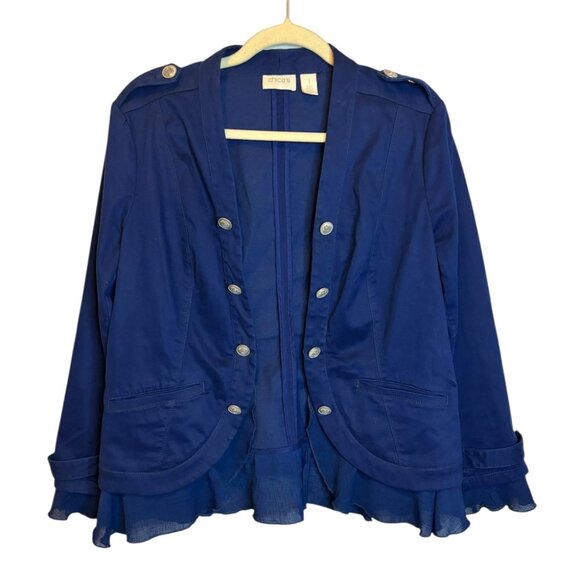 Chico's Jacket Women's Size Medium Ruffles Buttons Office Blue Chicos 1 - Picture 1 of 4